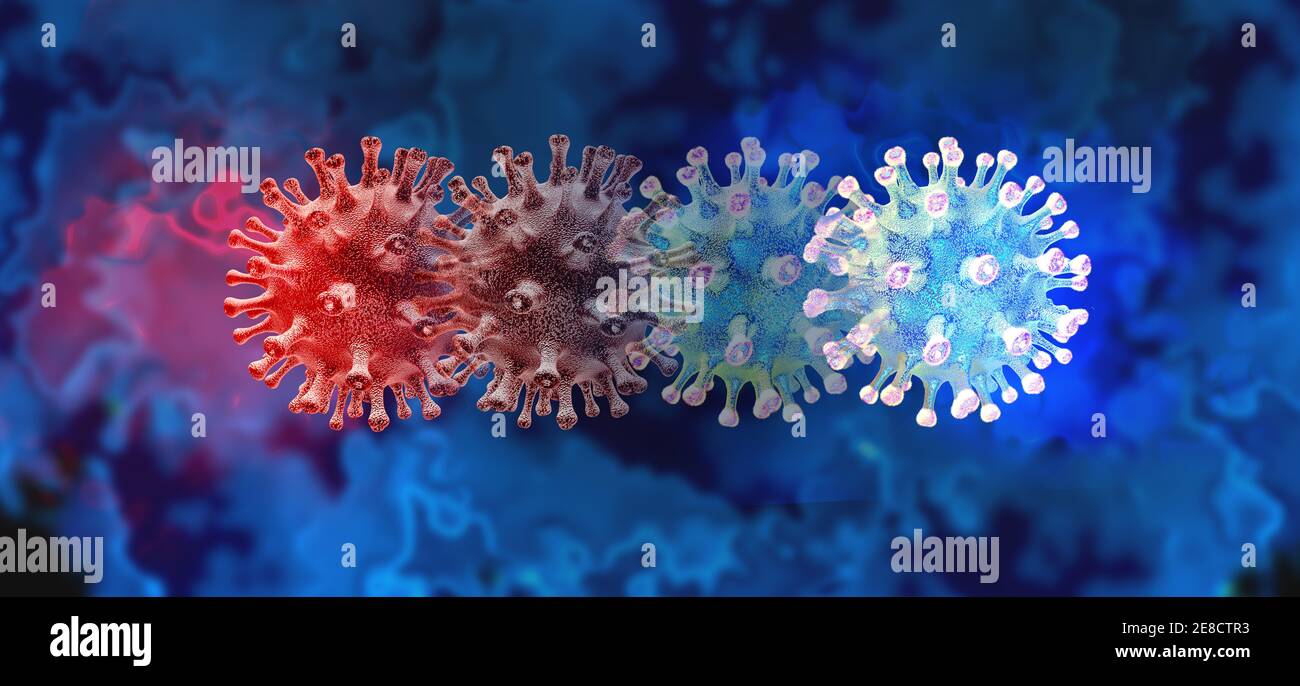 Virus mutante e nuovo coronavirus b.1.1.7 focolaio variante o mutazione di cellule virali di covid-19 e background influenzale come ceppo influenzale pericoloso. Foto Stock