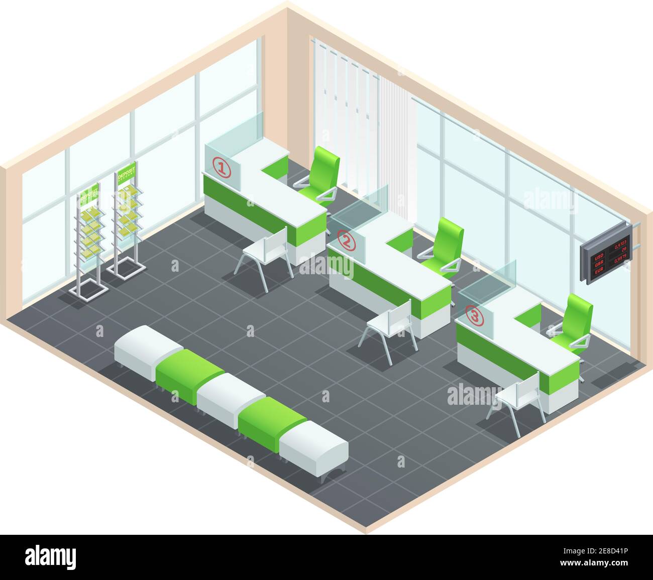 Concetto isometrico colore della sala manager banca con verde e. illustrazione vettoriale della tavolozza bianca Illustrazione Vettoriale
