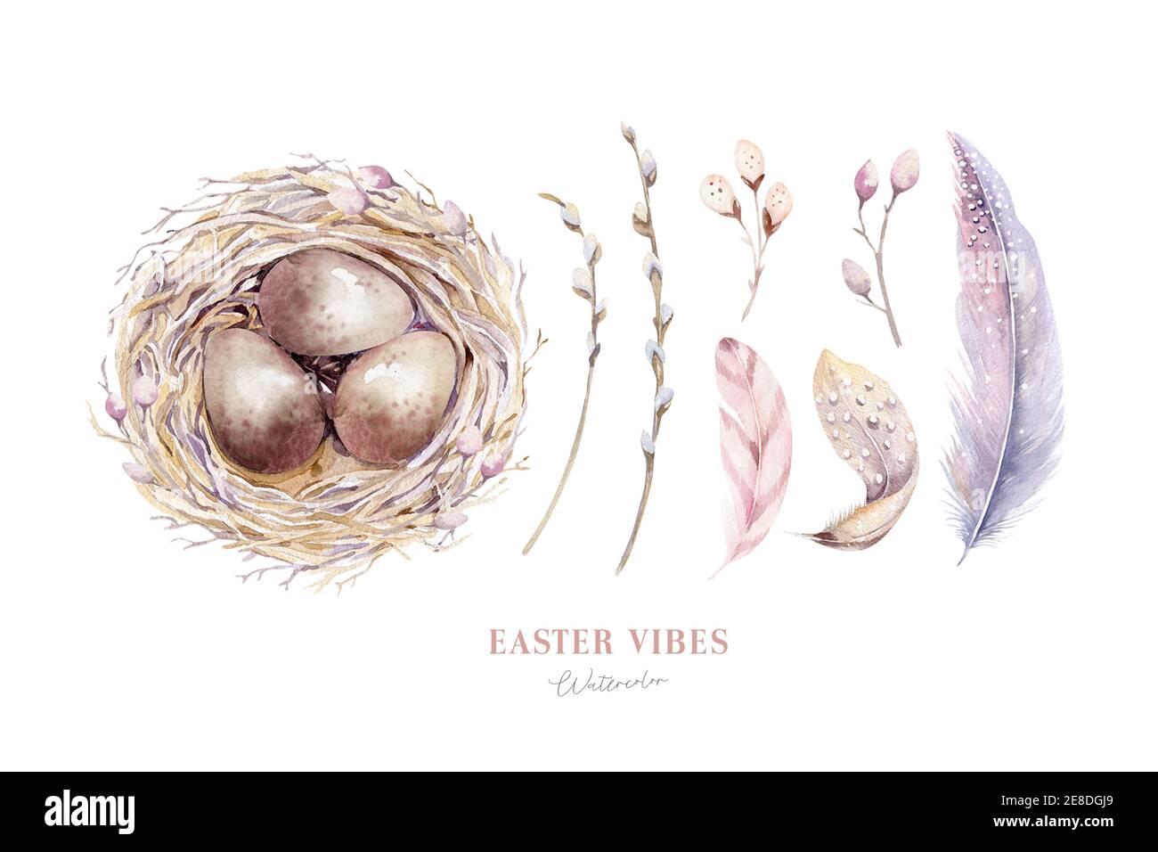 Acquerello happt nido di pasqua con uova di uccello con ramificazione e piuma. Illustrazione a mano della molla. Uovo di boho e nidi di piuma wreath. Decorazione di festa Foto Stock