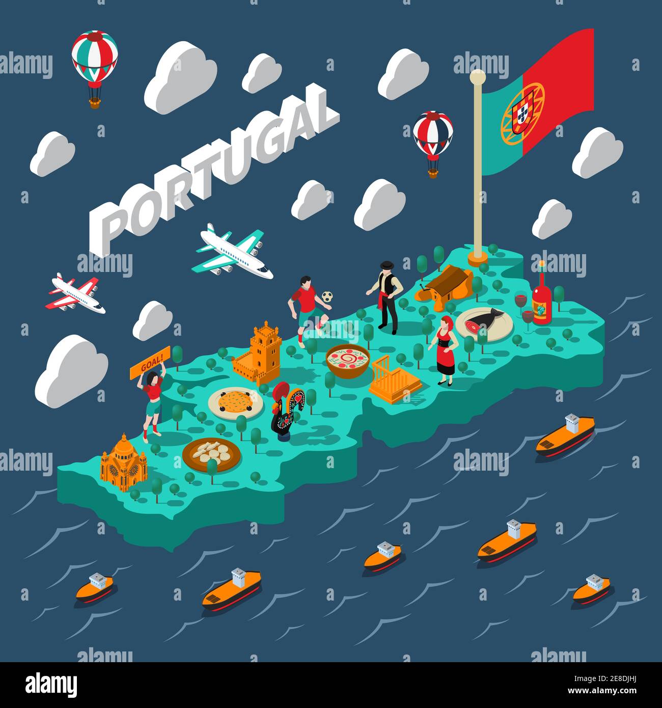 Portogallo mappa turistica isometrica con siti e simboli della cucina isometrica illustrazione vettoriale Illustrazione Vettoriale