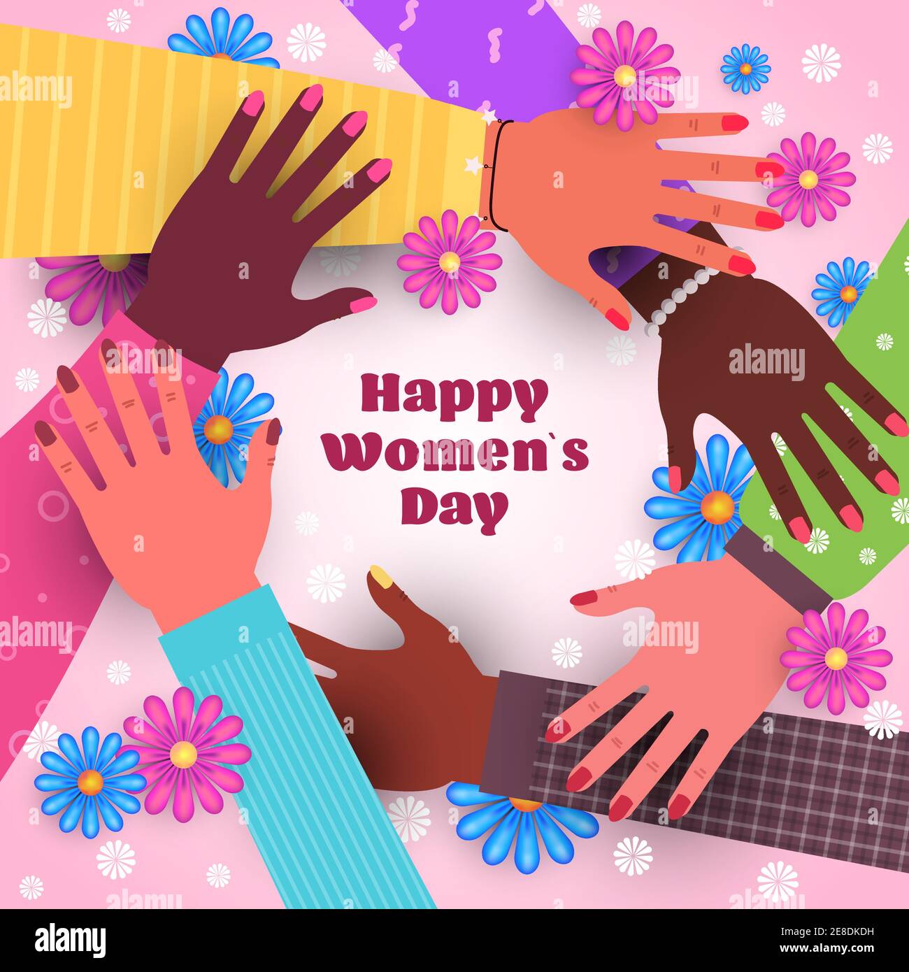 giornata internazionale delle donne 8 marzo festa celebrazione concept mix gara le mani femminili si tengono l'una con l'altra illustrazione vettoriale Illustrazione Vettoriale