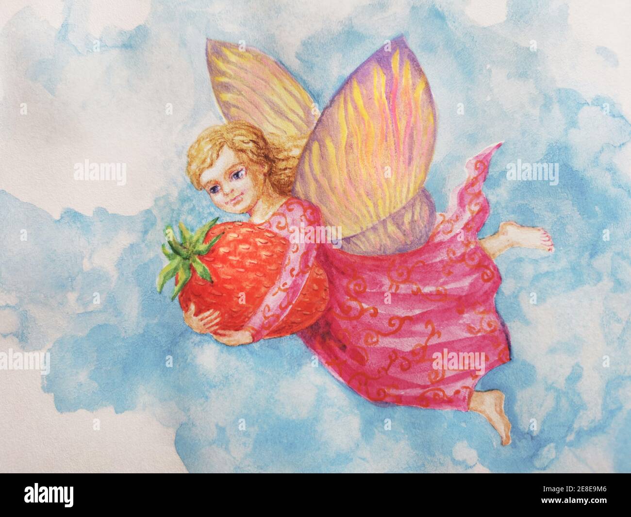 Acquerello Fairy giardino creatura magica. Piccolo angelo elfo in foglie verdi fiori rosa. Astratto estate sfondo bambino bambini stampa tessile Foto Stock