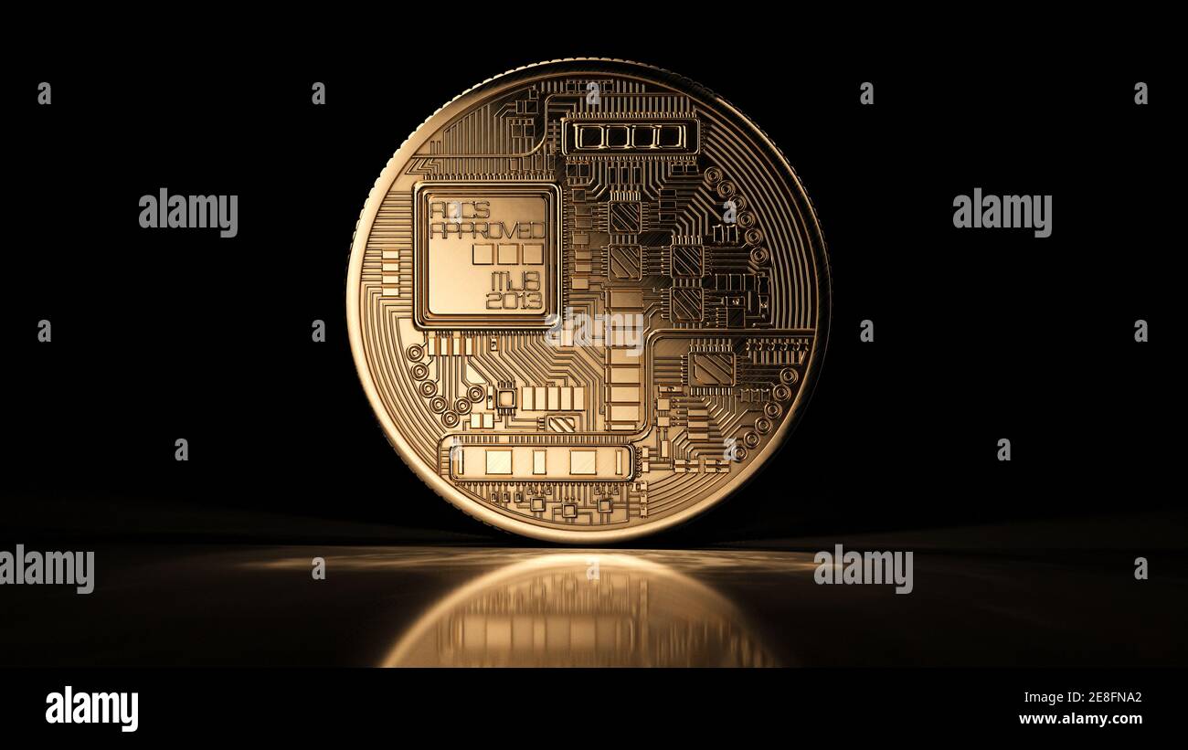 Moneta di bitcoin d'oro su sfondo nero. Valuta digitale popolare. Criptovaluta creata, distribuita, negoziata, immagazzinata in un sistema decentrato Foto Stock