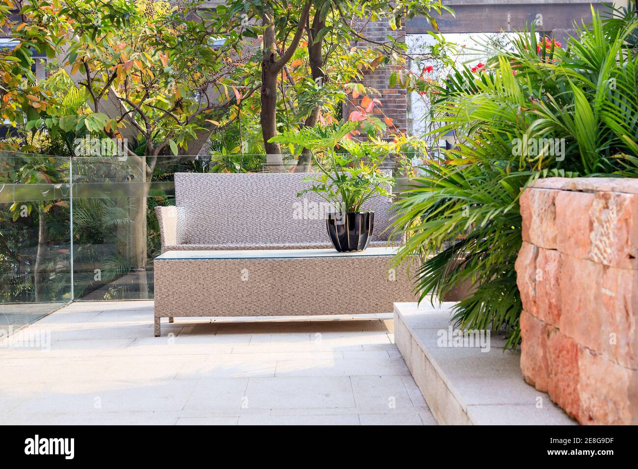 Piccola area cortile con sedia di canna e tavolo circondato da piante evergreen in un giardino estivo Foto Stock