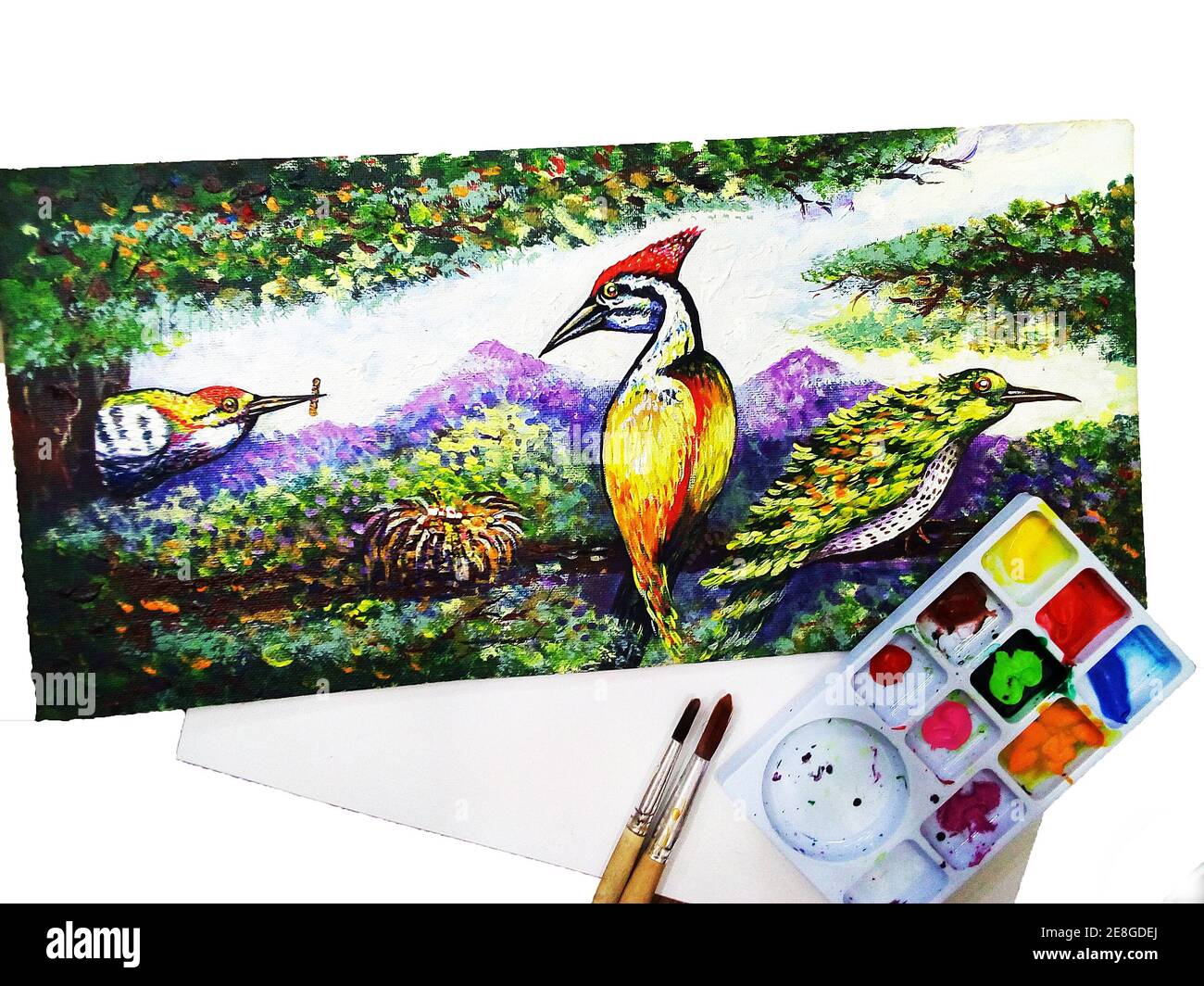 Arte, pittura, colore acrilico, sorridente, uccello carino Foto Stock