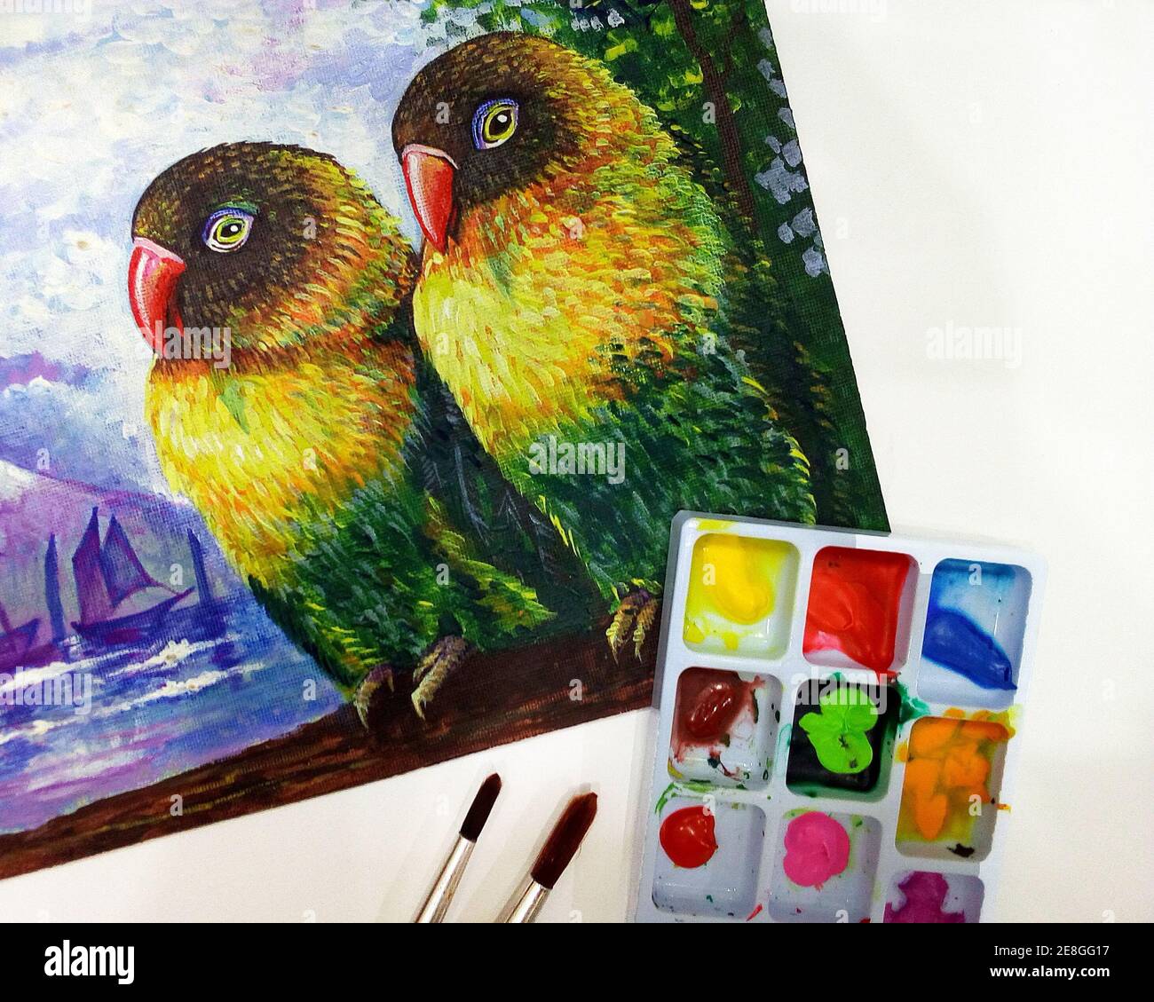 Arte, pittura, colore acrilico, sorridente, lovebird carino Foto Stock