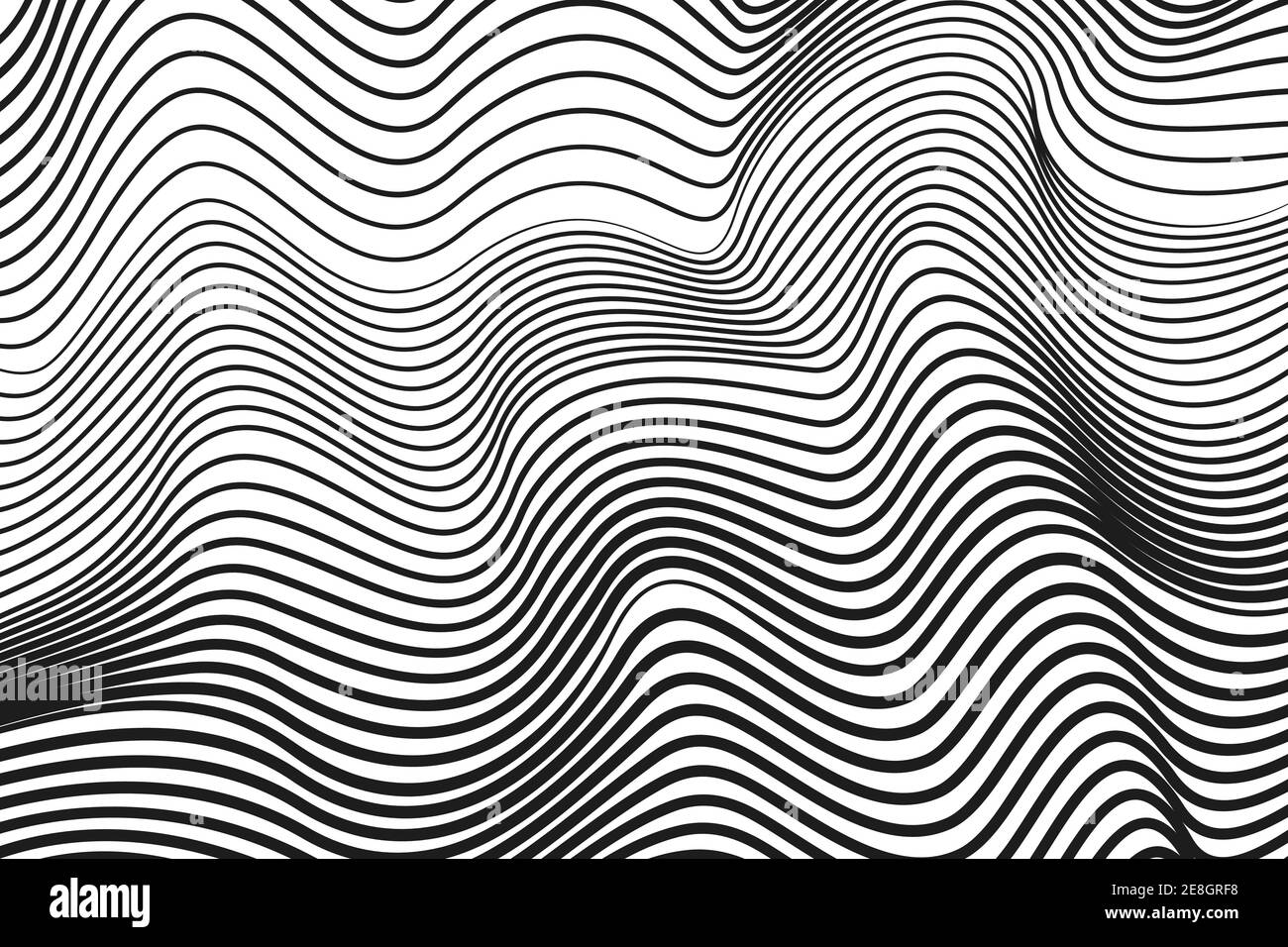 Curve di ripple nere, sfondo bianco. Radio monocromatica, onde sonore. Modello a strisce astratto. Design vettoriale di linea moderna. EPS10 Illustrazione Vettoriale