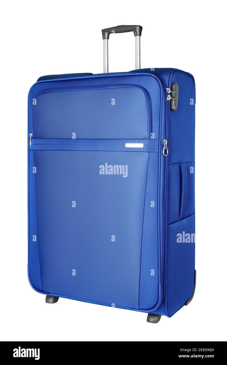 Valigia da viaggio in tessuto blu con cerniera e maniglia sfondo bianco  isolato vista laterale ravvicinata, grande valigia in tessuto, grande  trolley per bagagli in tessuto Foto stock - Alamy