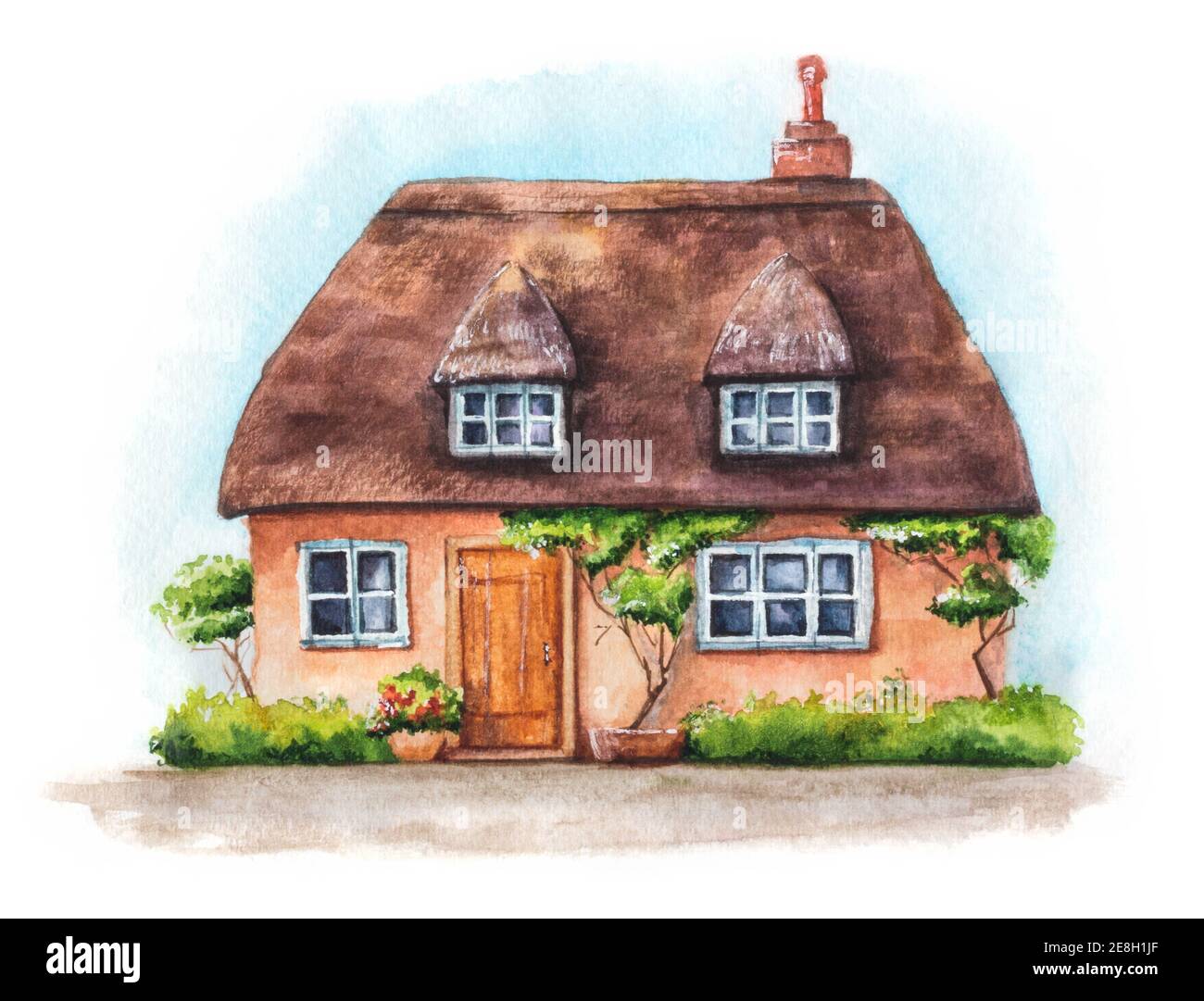 Illustrazione disegnata a mano di casa tradizionale inglese villaggio isolato su sfondo bianco. Acquerello accogliente casa con tetto in paglia, piante e cielo Foto Stock