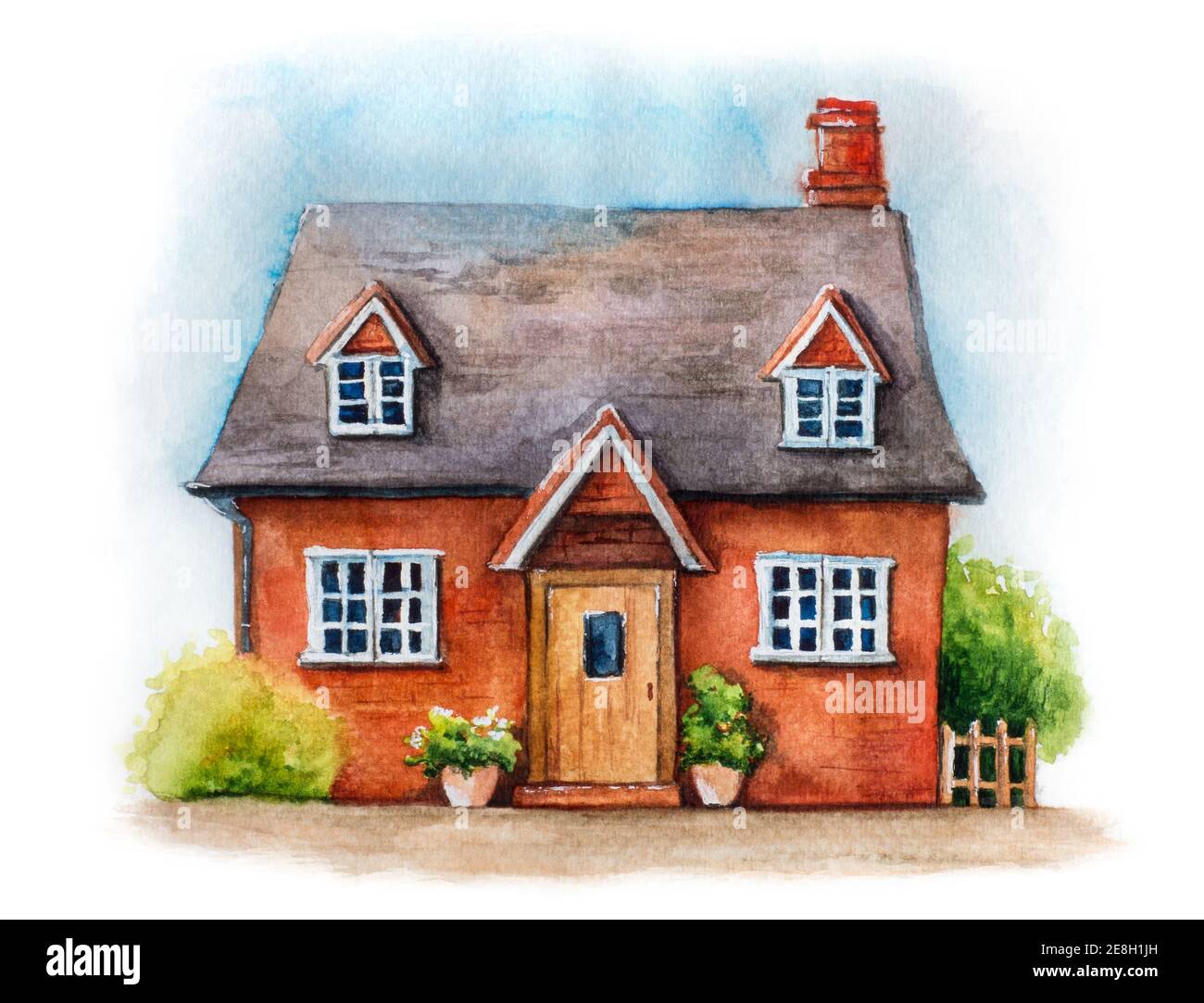 Illustrazione acquerello della casa inglese tradizionale isolato su sfondo bianco. Casa di villaggio disegnata a mano con piante e cielo Foto Stock