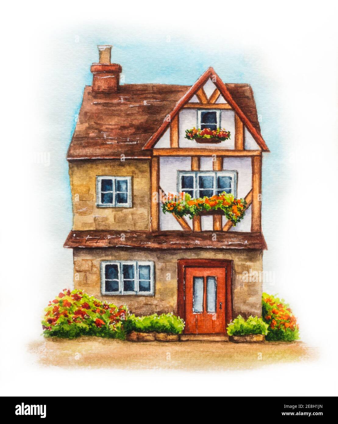 Illustrazione disegnata a mano di un villaggio inglese tradizionale casa a tre piani isolato su sfondo bianco. Acquerello accogliente casa con fiori, piante Foto Stock