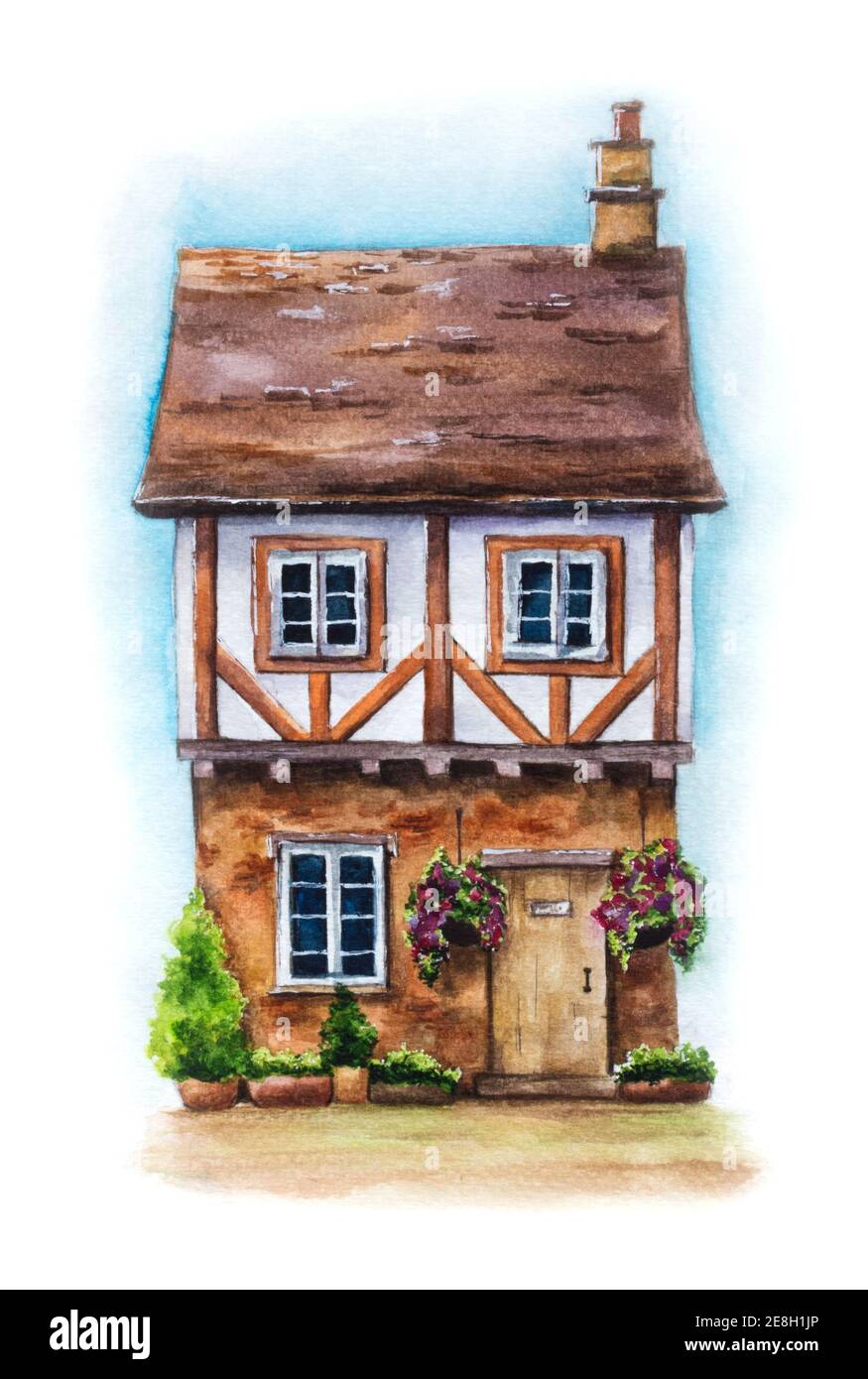 Illustrazione acquerello della casa inglese tradizionale isolato su sfondo bianco. Bella casa di villaggio disegnata a mano con fiori appesi, piante e cielo Foto Stock