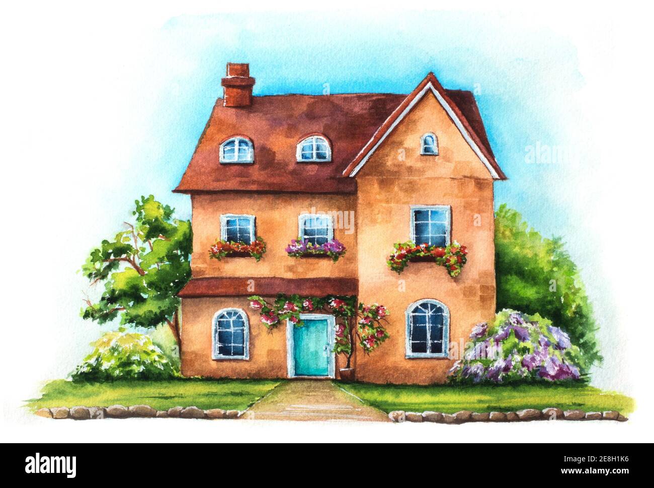 Tradizionale casa inglese su un prato verde isolato su sfondo bianco. Acquerello illustrazione disegnata a mano di cottage britannico con giardino e cielo Foto Stock