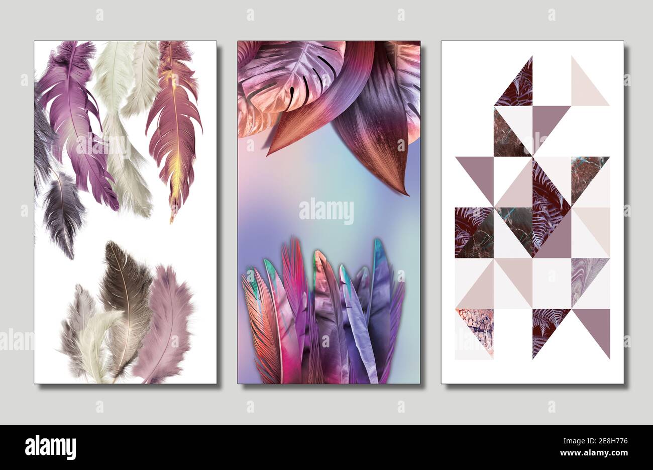 cornici moderne da parete 3d . Piume colorate, foglie di alberi e triangoli moderni. Per arredamento domestico Foto Stock