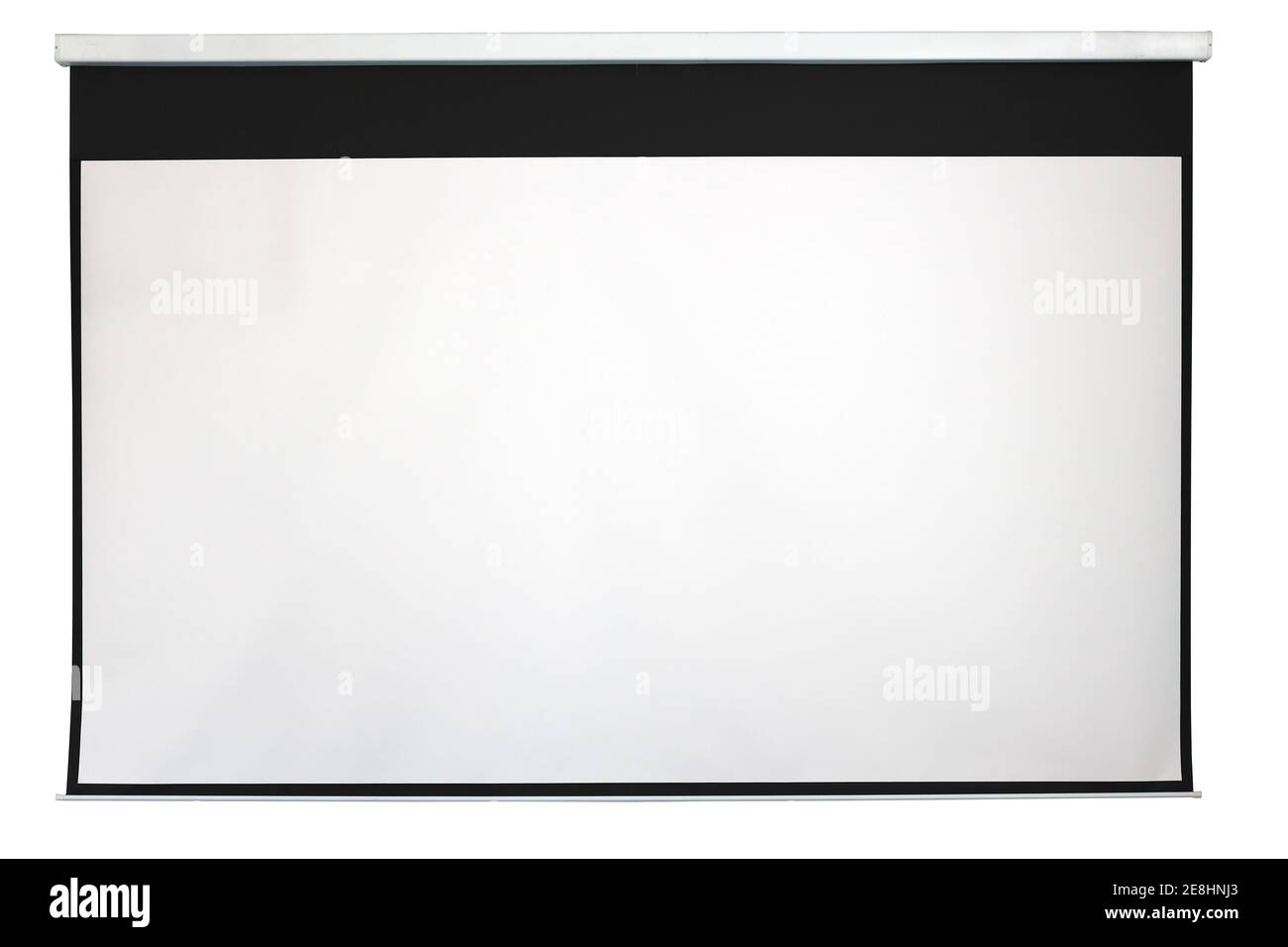 Si tratta di uno schermo di presentazione rettangolare bianco con una cornice nera appesa alla parete. Isolato su sfondo bianco. Foto Stock