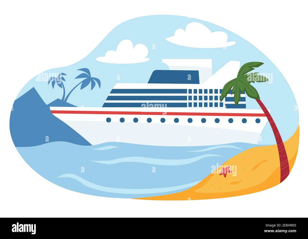 Nave da crociera in riva al mare con palme e spiaggia di sabbia Illustrazione Vettoriale