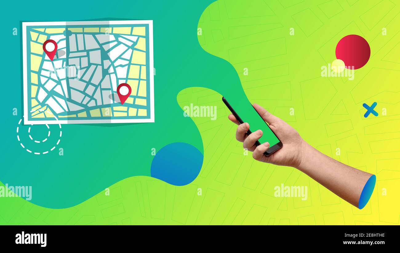 Collage concettuale di arte contemporanea. Rappresentazione astratta di un'applicazione mappa proveniente da uno smartphone. Foto Stock