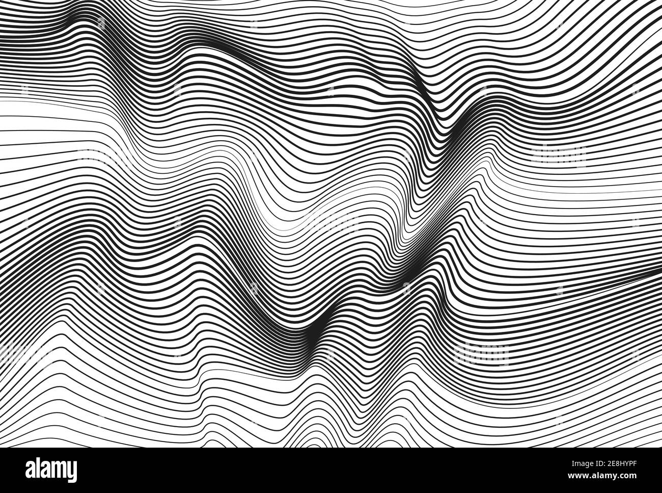 Superficie deformata a strisce monocromatiche. Illusione ottica. Astratto sfondo bianco e nero. Curve di squiggle vettoriali. Design a onda. Modello moderno. EPS10 Illustrazione Vettoriale