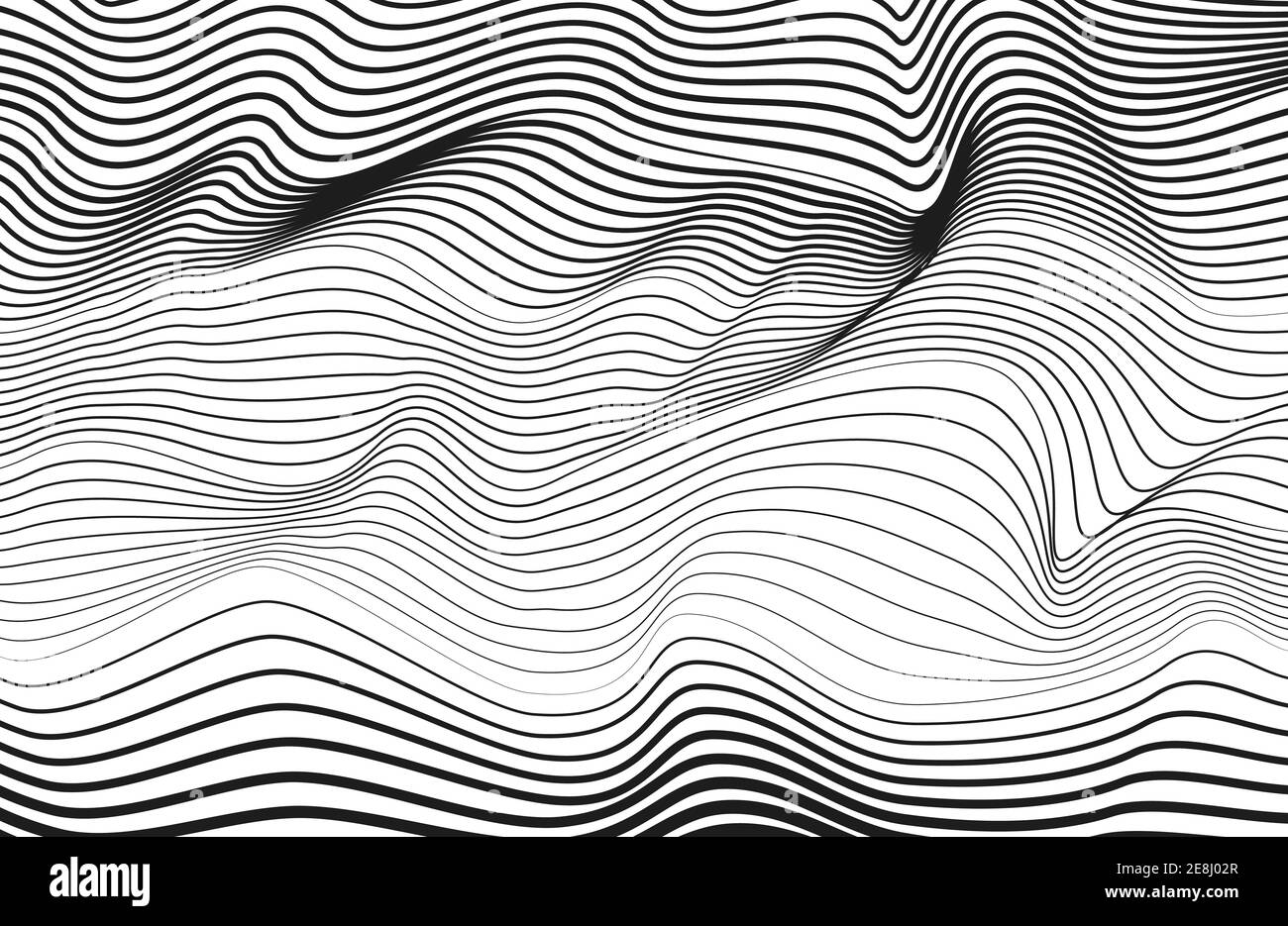 Disegno grafico a linee monocromatico astratto. Curve a squadra nere, sfondo bianco. Pattern a strisce con tecnologia vettoriale. Radio, concetto di onde sonore. EPS10 Illustrazione Vettoriale