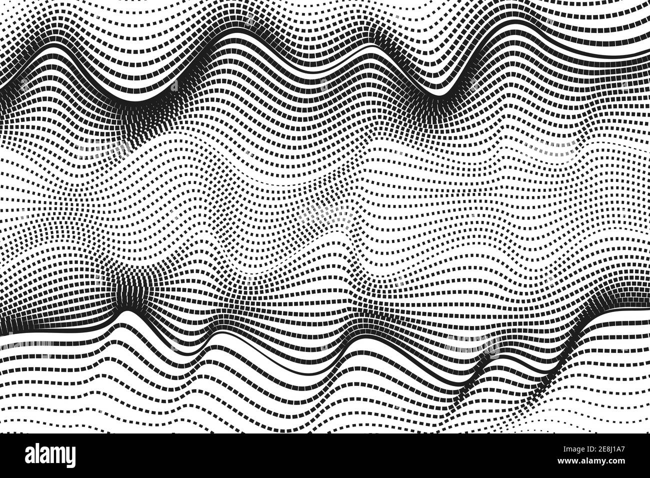 Linee di ripple nere punteggiate, sfondo bianco. Schema di disegno a linee. Curve puntate. Design monocromatico. Grafico bw vettoriale astratto. Radio, onda sonora. EPS10 Illustrazione Vettoriale