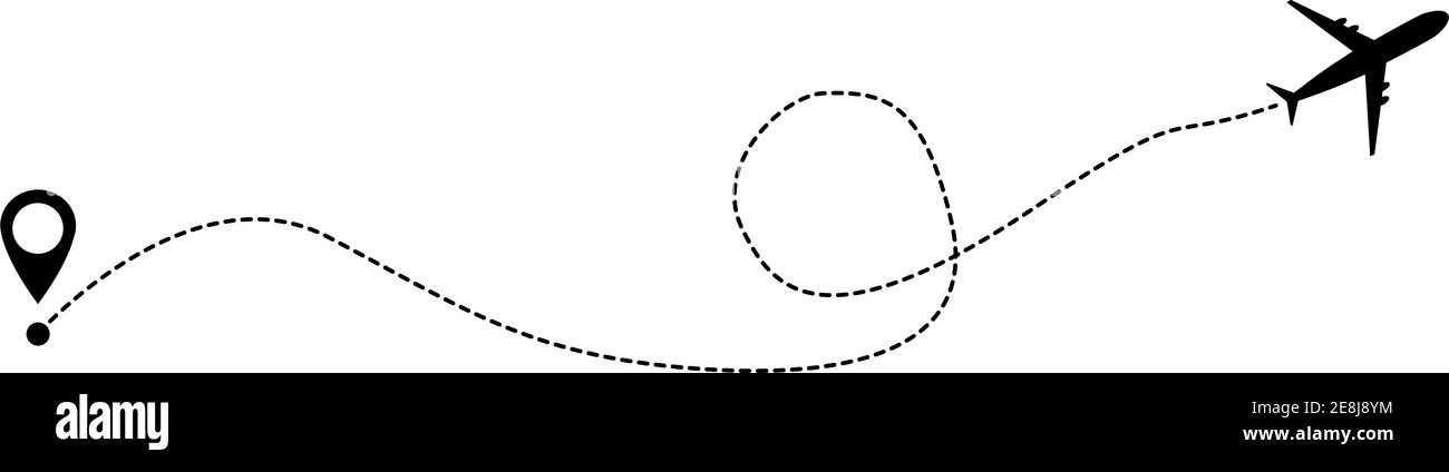 Icona vettore di linea aerea della rotta di volo aereo con punto di partenza e traccia di linea . Illustrazione Vettoriale