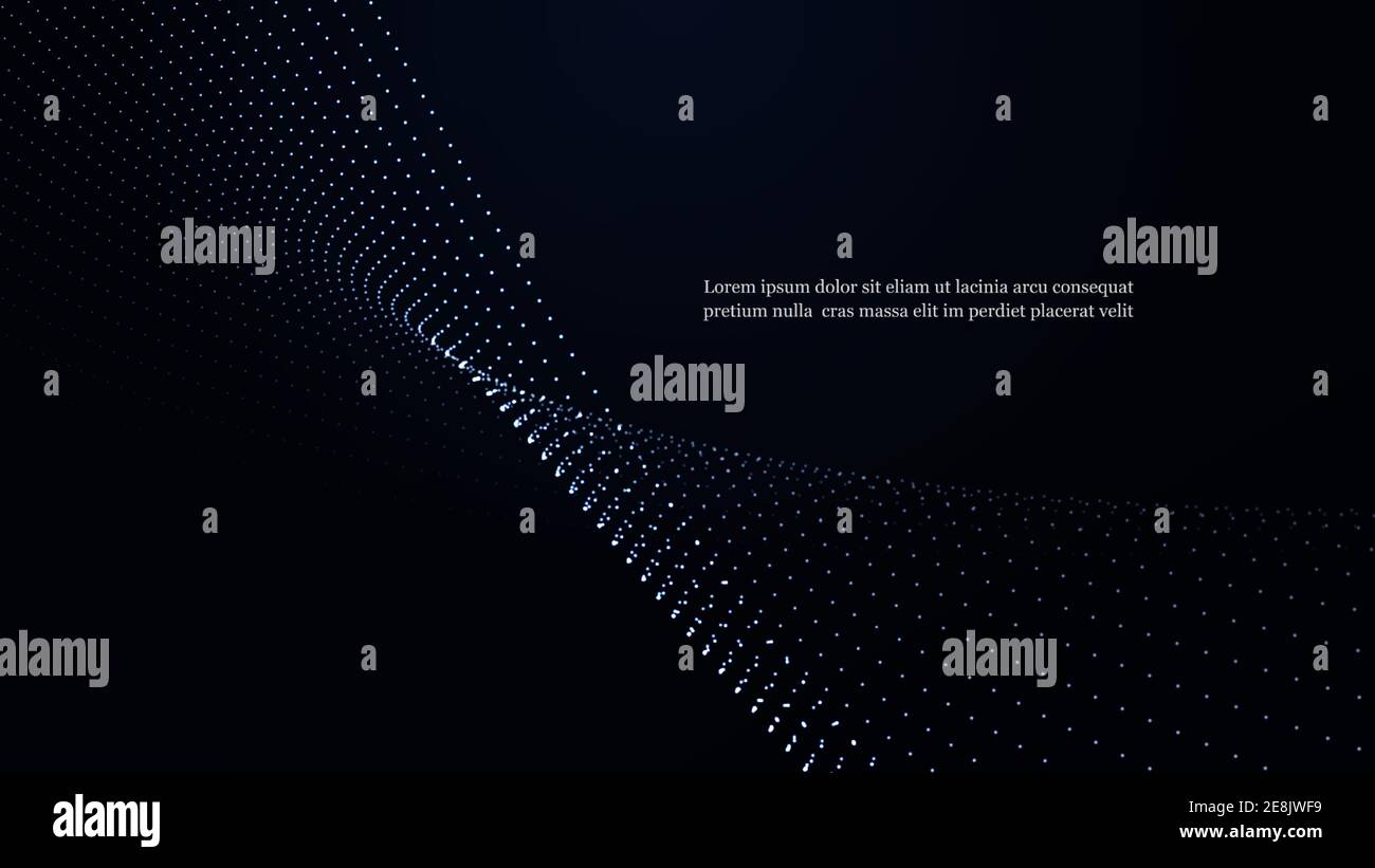 Le particelle dinamiche scorrono al buio. Una splendida serie di punti luminosi a forma d'onda. Illustrazione Vettoriale