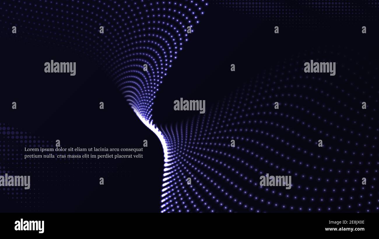 Le particelle dinamiche scorrono al buio. Una splendida serie di punti luminosi a forma d'onda. Illustrazione Vettoriale