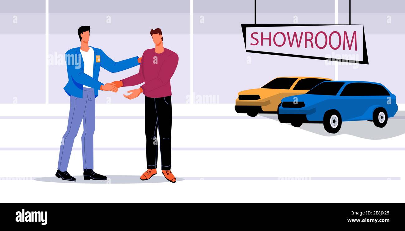 Scena di acquisto dell'automobile con i caratteri del cartone animato del venditore e del compratore che handshaking quando conclude un affare in una concessionaria. Vendita di automobili in showroom, vettore piano Illustrazione Vettoriale