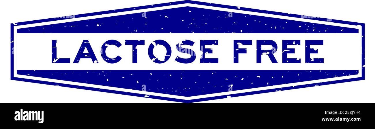 Grunge blu senza lattosio parola esagonale guarnizione gomma stampigliata su sfondo bianco Illustrazione Vettoriale