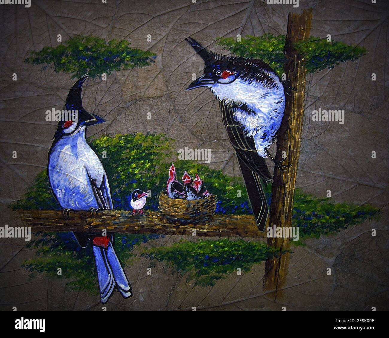 Arte pittura a olio di colore animale rubinetto uccello rosso-baffato bulbul Foto Stock