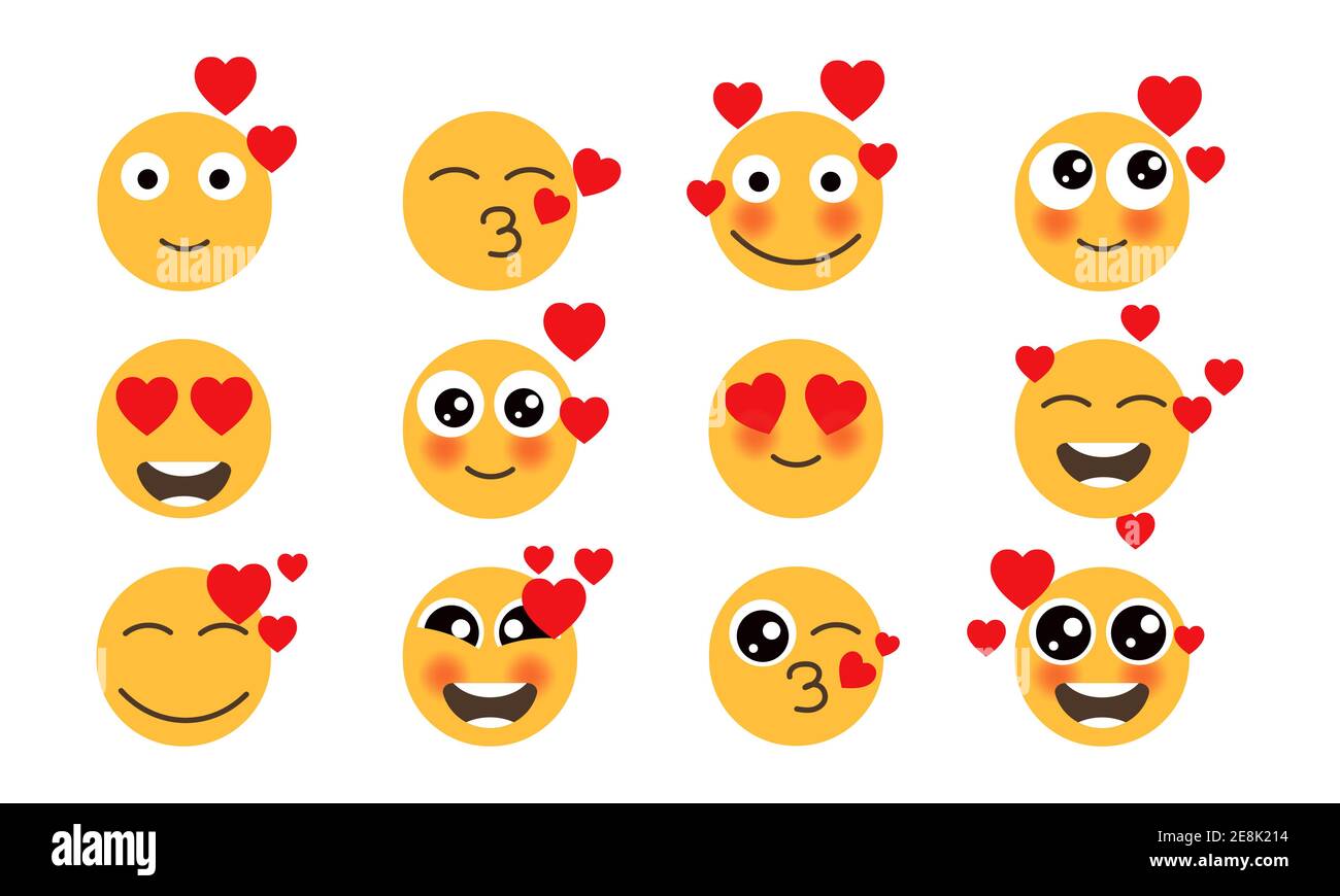 Occhi amore Set emoticon viso giallo. Collezione vettoriale divertente giallo amorevole umorismo umore smileys con i cuori. Fumetto emoji personaggio viso bacio e flirt. Illustrazione Vettoriale