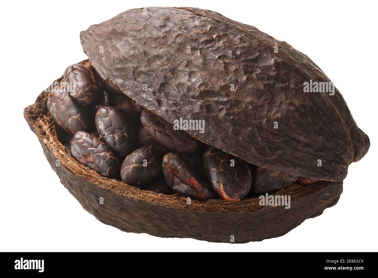 Cialda di cacao dimezzata con fagioli cacao fermentati interi (Frutto di Teobroma cacao w semi) isolato Foto Stock