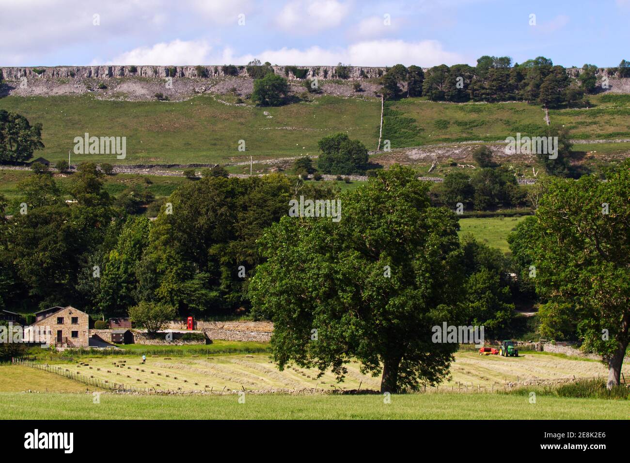 Vista panoramica di Wensleydale vicino a Redmire, mostra fieno-fare, telefono rosso box e casa. Foto Stock