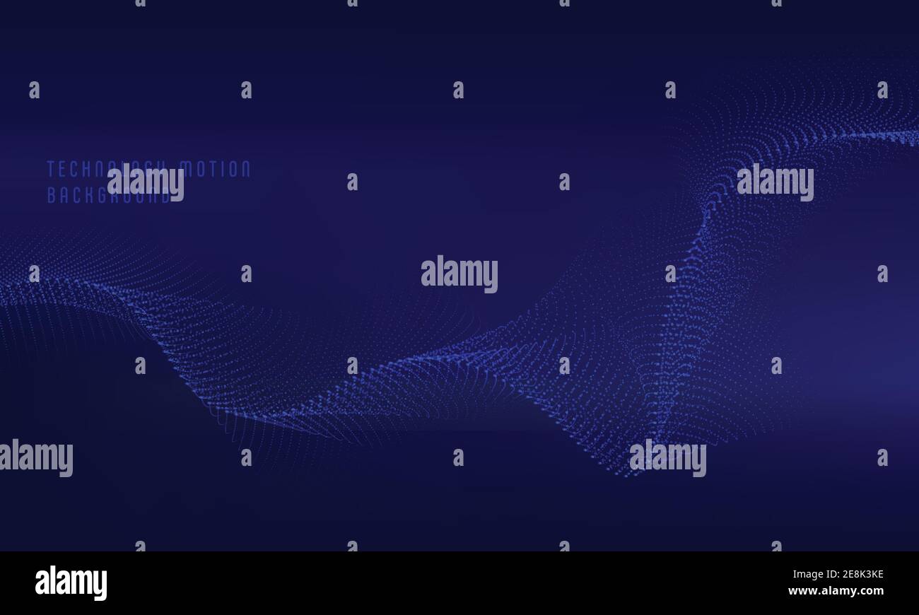 Effetto del movimento delle particelle astratto con tecnologia blu del modello di disegno ondulato. Movimento futuristico su sfondo blu scuro. Illustrazione Vettoriale