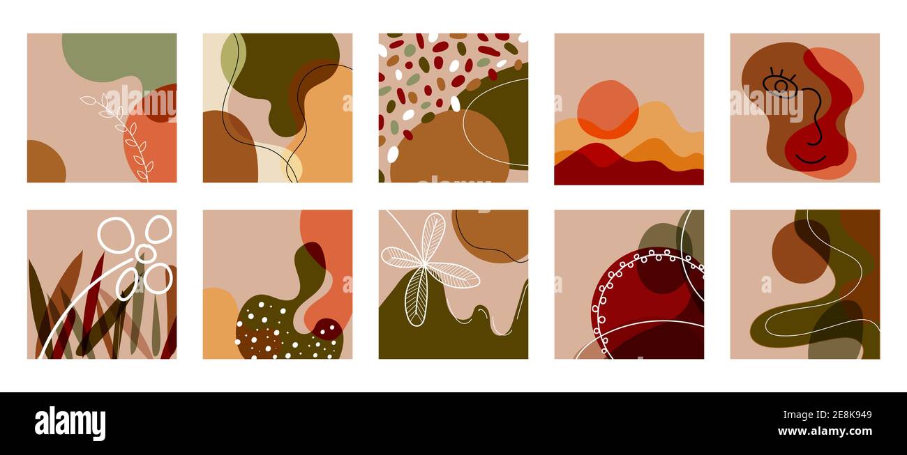 Set di sfondo astratto tratto a mano linea art varie forme organiche, faccia, macchie, foglie, macchie. Illustrazione vettoriale Illustrazione Vettoriale