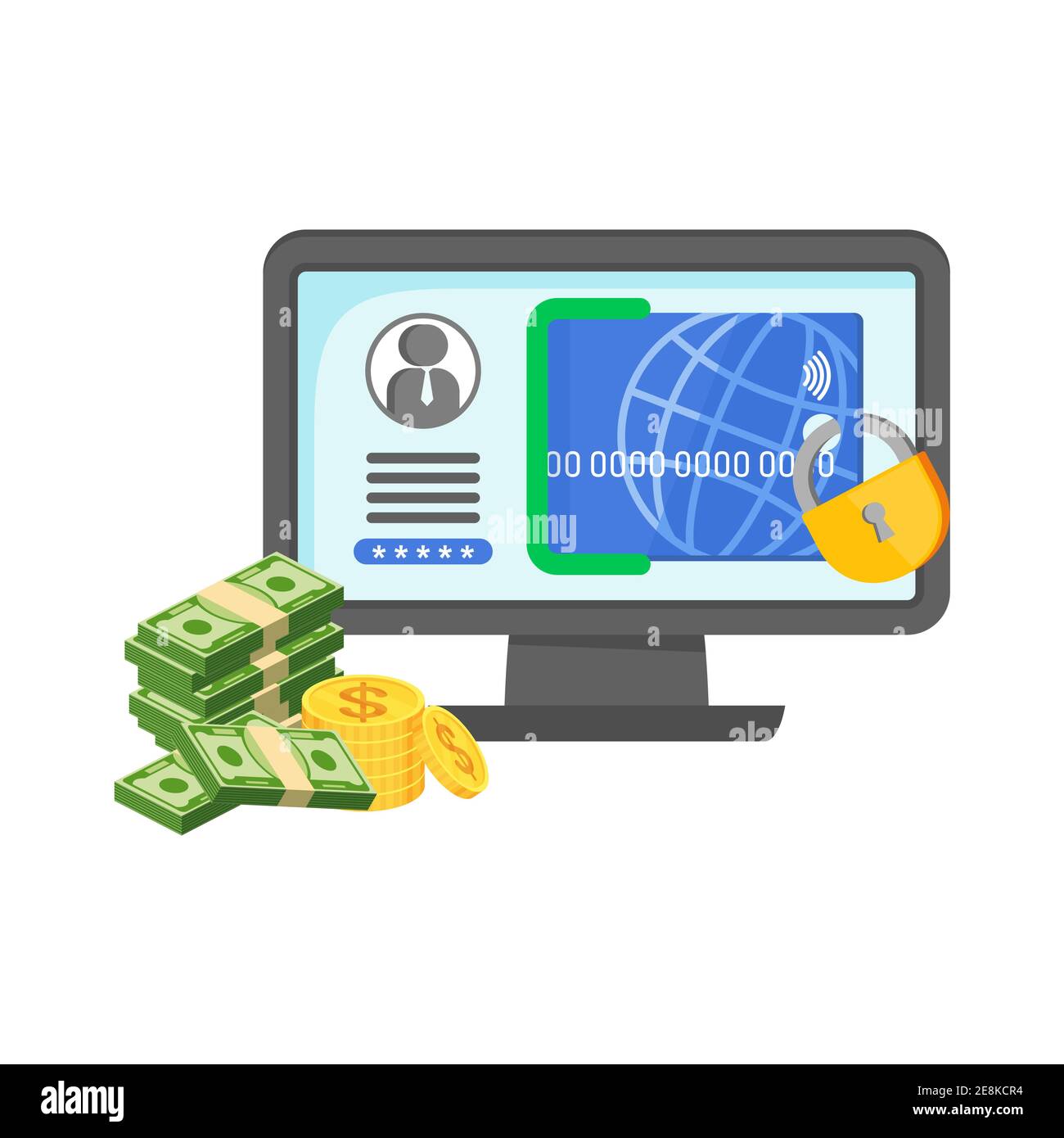 Internet banking. Pagamenti online sicuri. Trasferimento di denaro tramite computer. Illustrazione Vettoriale