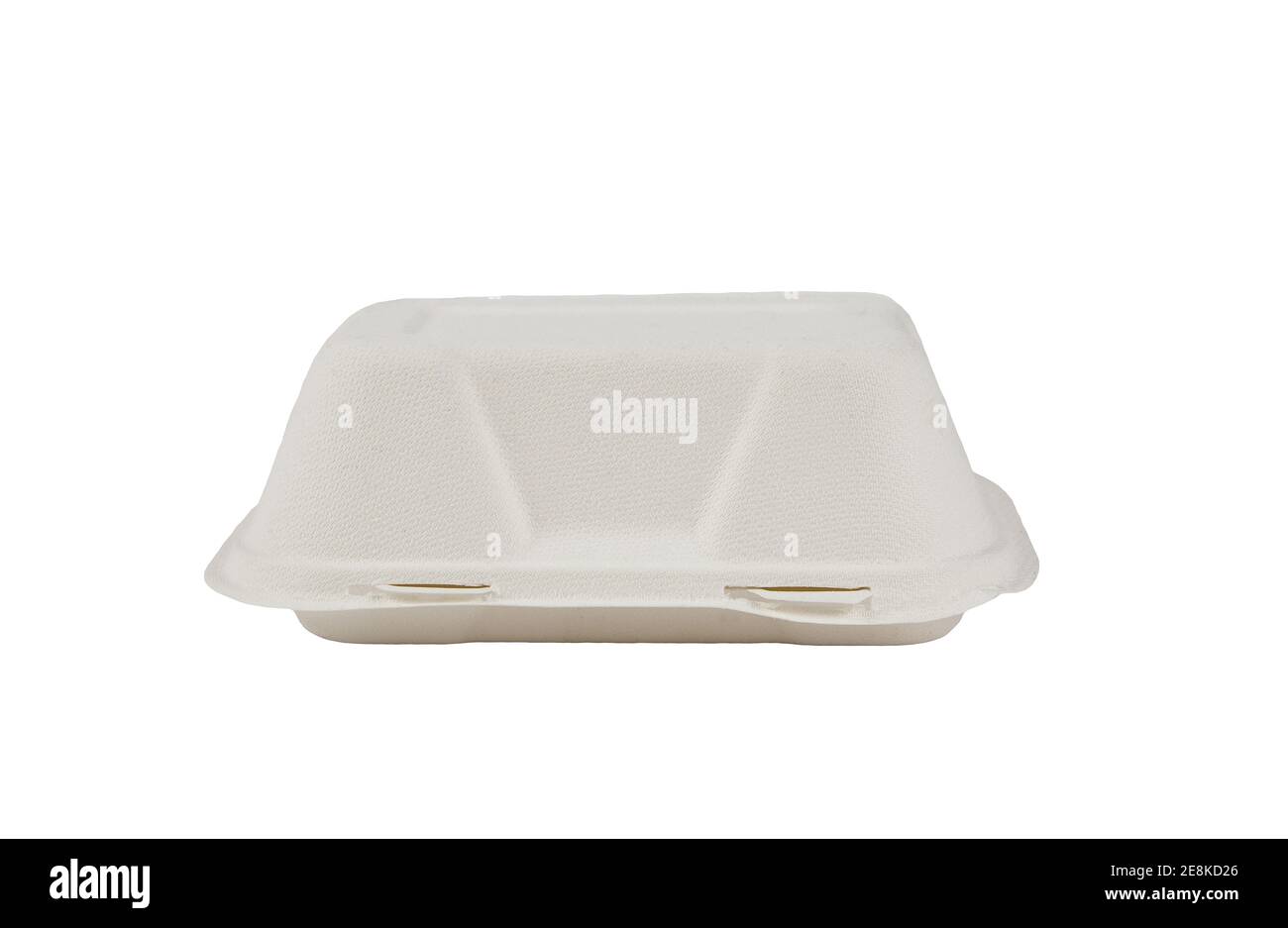Materiale biodegradabile bianco naturale scatola di cartone per il prelievo degli alimenti isolata su sfondo bianco con molto spazio per la copia. Concetto di stile di vita senza sprechi. Foto Stock