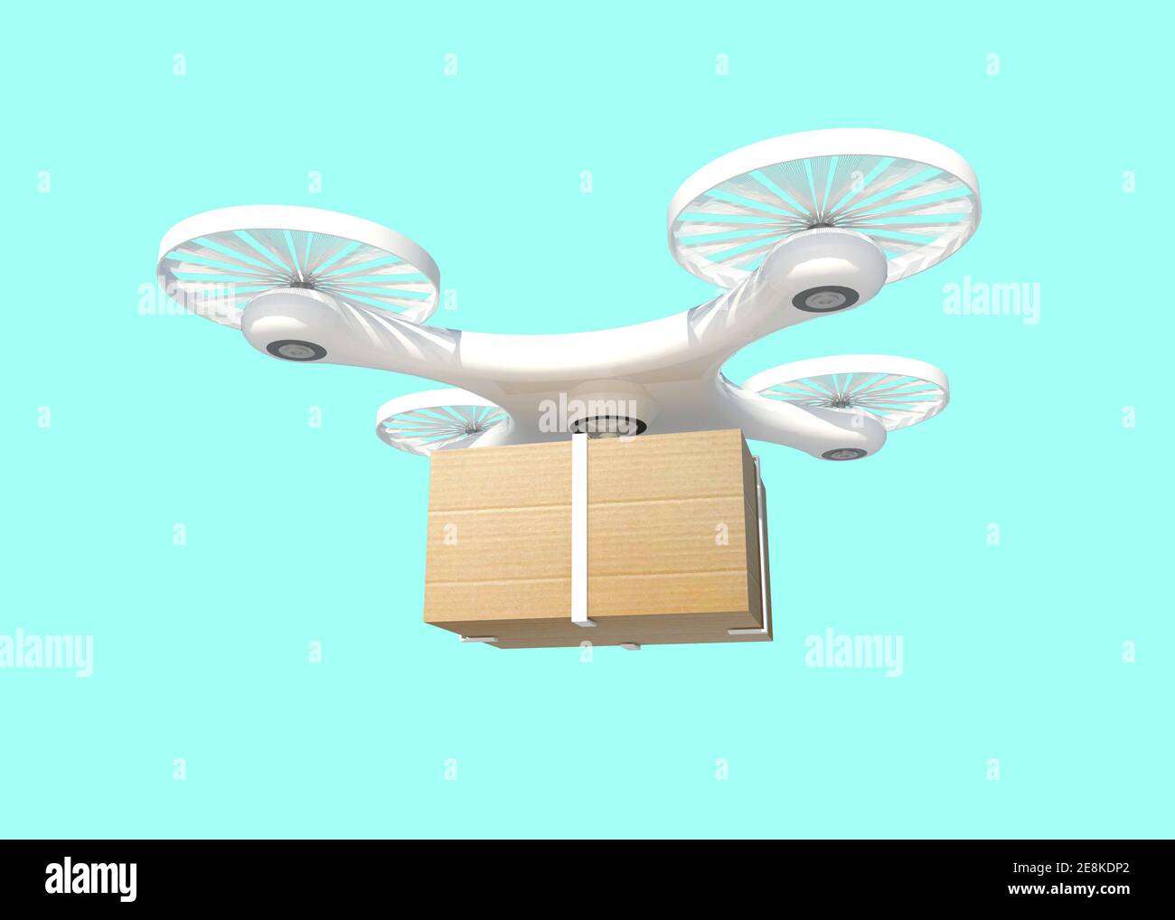 Rendering 3D drone di delivery con Box su sfondo blu verde mezzo, tracciato di ritaglio. - concetto di consegna futura Foto Stock