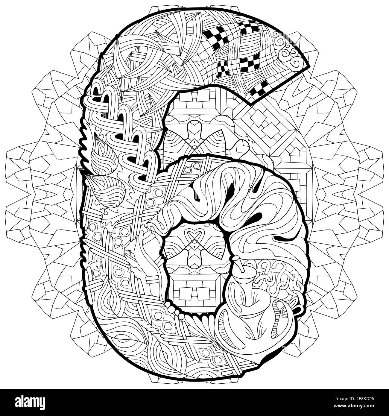 Dipinte a mano e art design. Adulto anti-stress pagina di colorazione. In bianco e nero disegnato a mano mandala illustrazione con numero sei per il libro da colorare Illustrazione Vettoriale