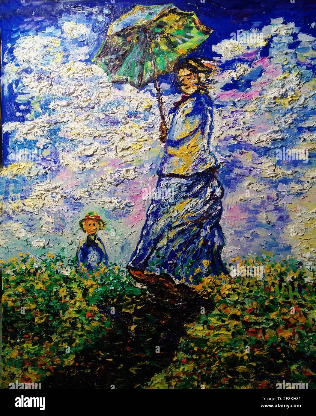 Arte pittura ad olio colore Sunny Umbrella donne , donna con un ombrellone , Claude Monet , famosi dipinti , madame monet e suo figlio Foto Stock