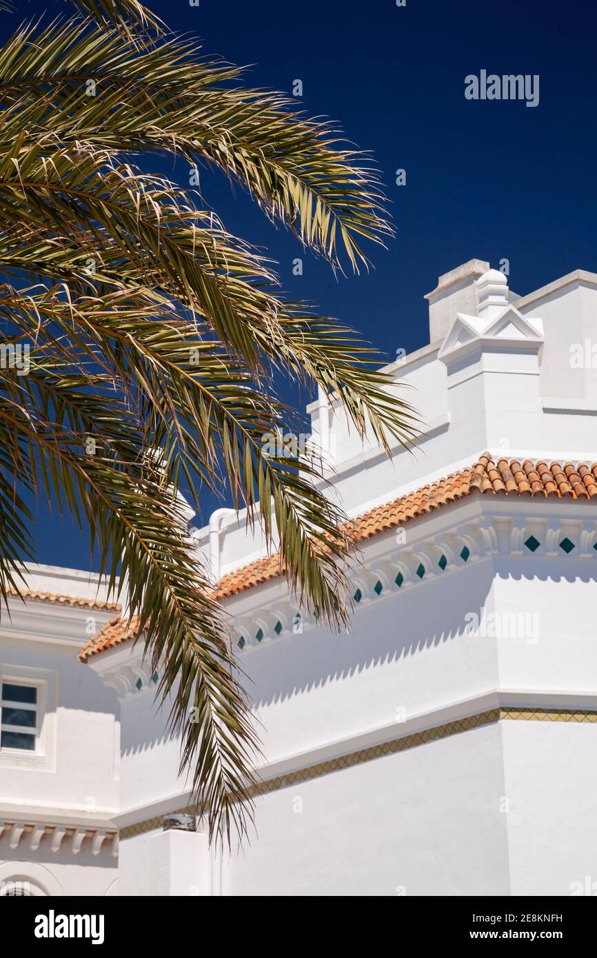 Edificio decorato in bianco e fronte di palme, Cadice, Spagna Foto Stock