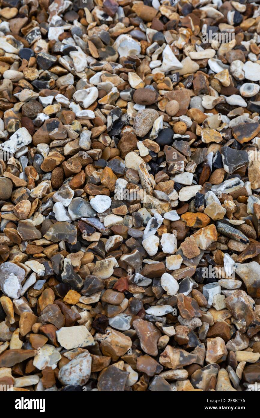 Primo piano di Romsey Shingle / Flint ghiaia un aggregato decorativo per la vendita a un costruttori di commercianti in Inghilterra, Regno Unito Foto Stock