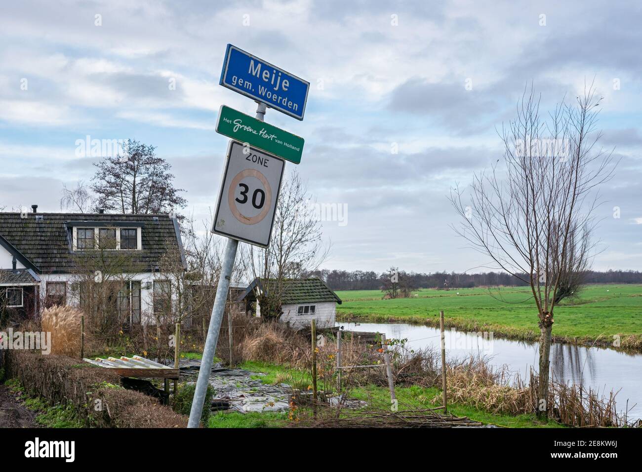 Segno del nome della località Meije (comune di Woerden) , una zona panoramica nella parte occidentale dell'Olanda. Foto Stock