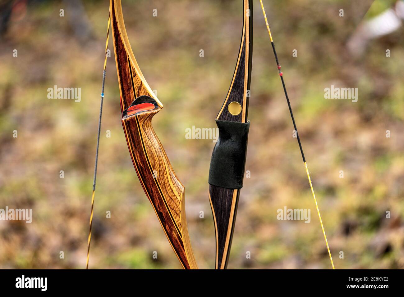 Primo piano di due archi ad arco in legno chiamato longbow su un paesaggio  sfocato. Concetto di tiro con l'arco Foto stock - Alamy