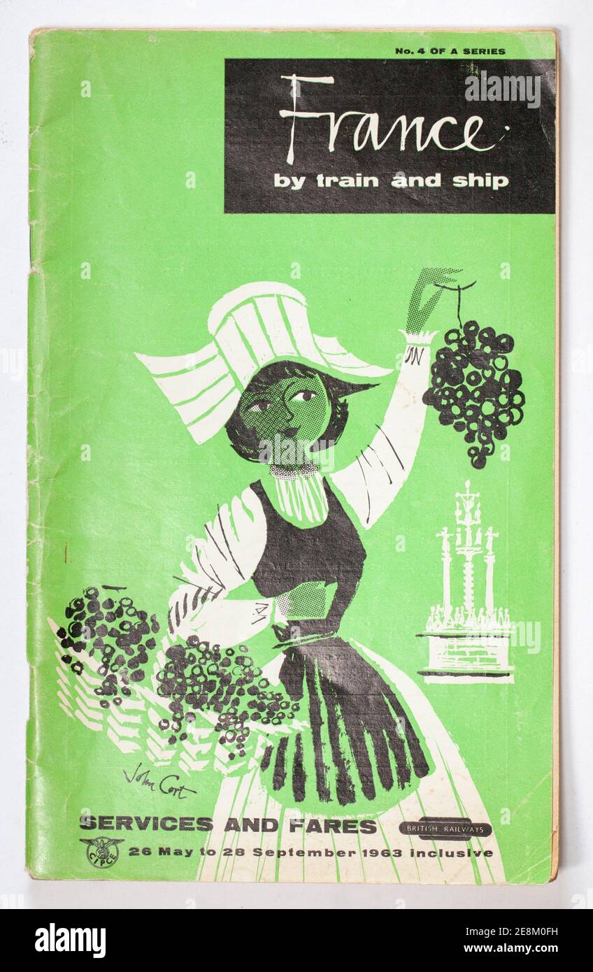 Opuscolo sui servizi ferroviari e gli orari delle ferrovie britanniche degli anni '60 d'epoca Francia Foto Stock