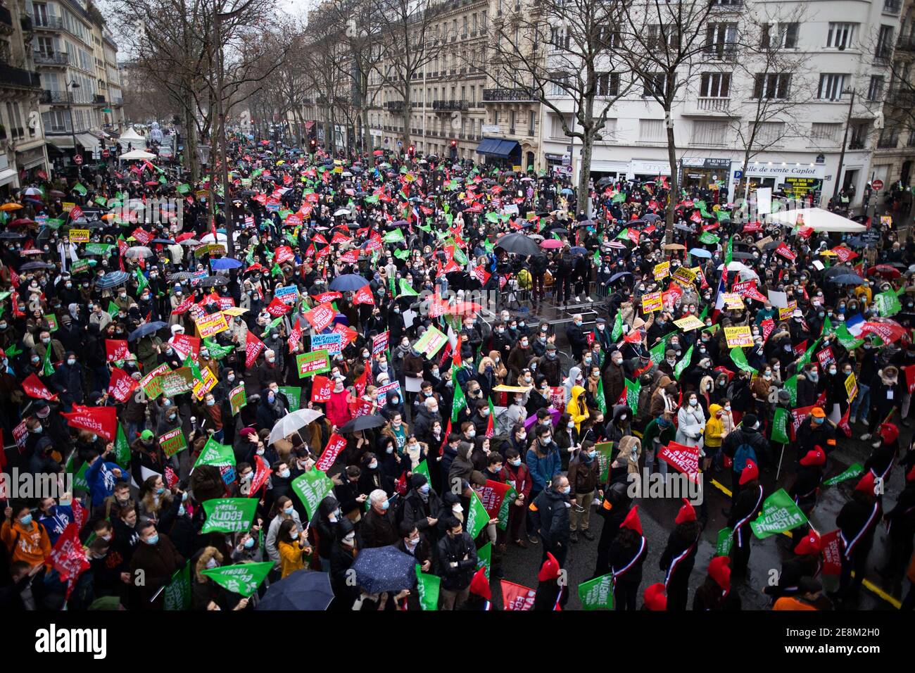 Parigi, Francia. 31 gennaio 2021. La visione generale dei manifestanti sventolava bandiere durante una dimostrazione contro la legge sulla bioetica e la PMA (Assisted Reproductive Technology - ART) per tutti, a Parigi, in Francia, il 31 gennaio 2021. Foto di Raphael Lafargue/ABACAPRESS.COM Credit: Abaca Press/Alamy Live News Foto Stock