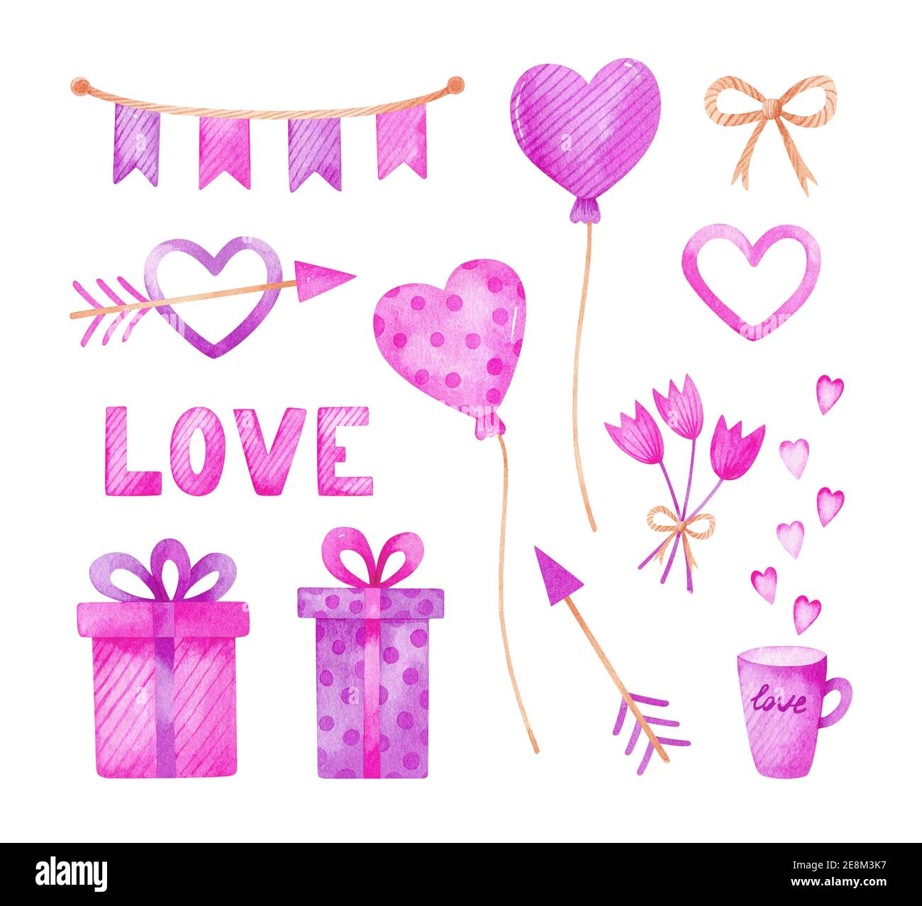 Insieme di acquerelli di San Valentino con palloncini rosa e viola, regali, ghirlanda, fiori, frecce e cuori. Design romantico e festivo. Foto Stock