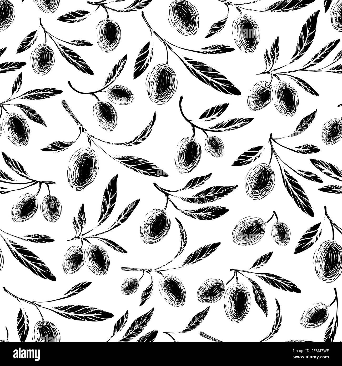 Schizzo delle olive Kalamata. Ripetizione senza giunture disegnata. Vettore ramo nero, frutti su sfondo bianco. Illustrazione grafica in stile grunge. Texture incisioni Illustrazione Vettoriale