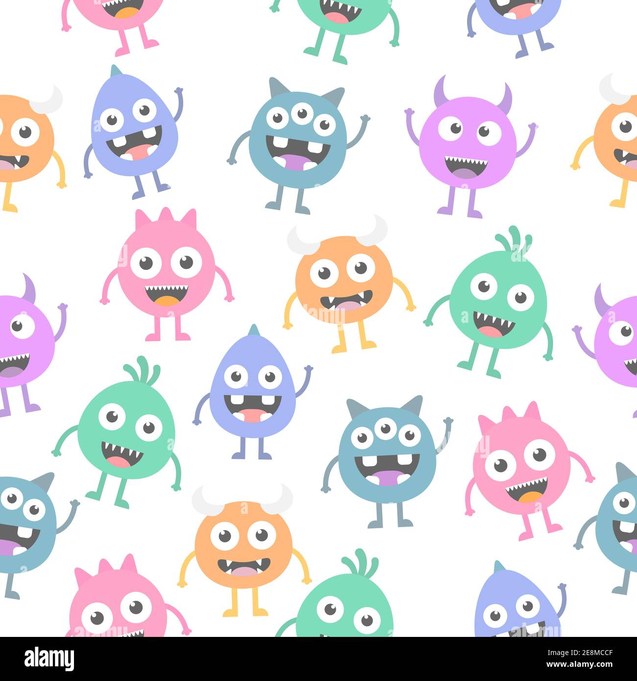 Senza cuciture motivo cartoon cute mostri sfondo. Illustrazione vettoriale del disegno di Halloween isolata su sfondo bianco Illustrazione Vettoriale