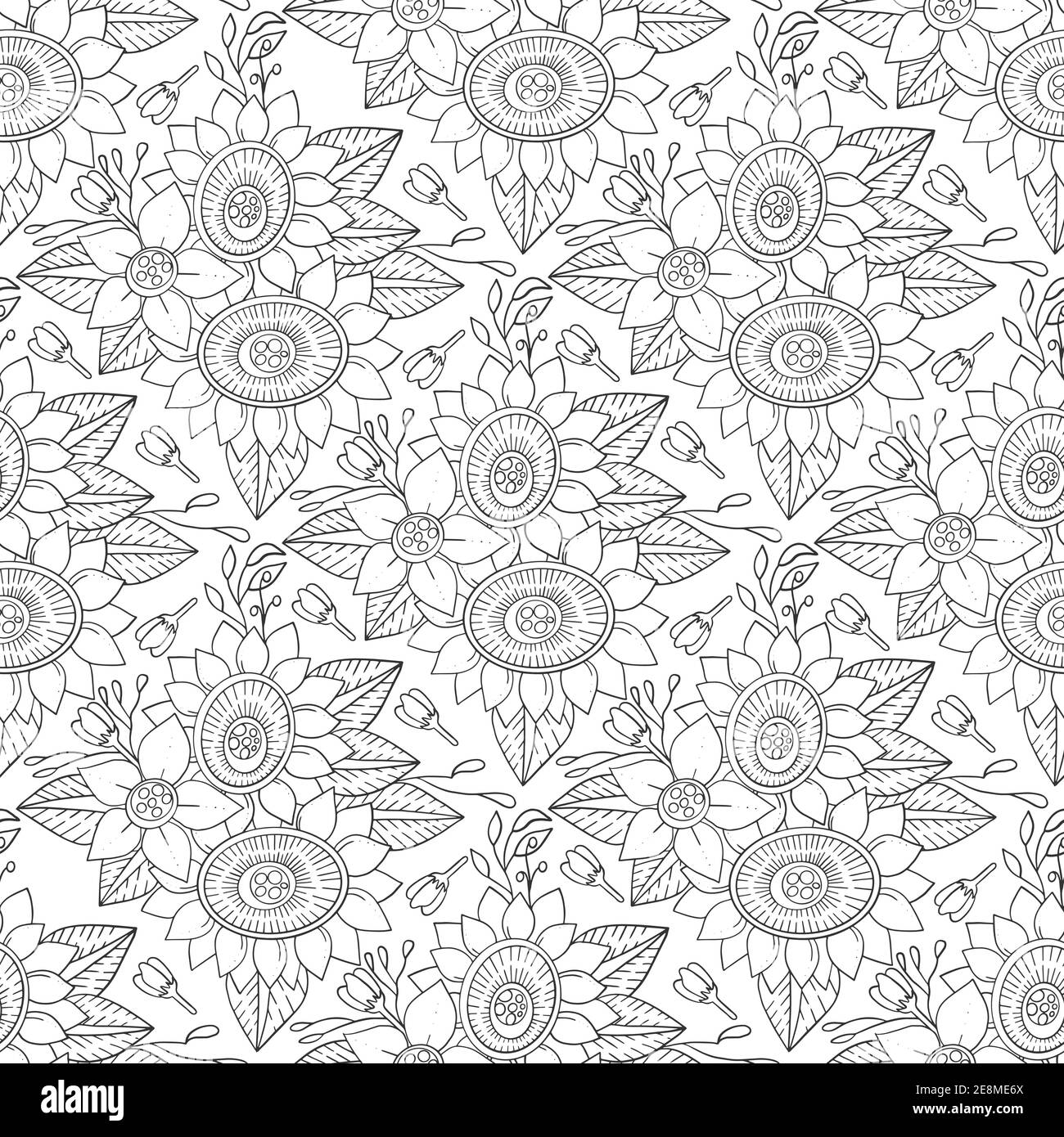 Motivo senza cuciture di fiori di doodle monocromatico per libro da colorare dell'adulto. Illustrazione vettoriale disegnata a mano. Illustrazione Vettoriale